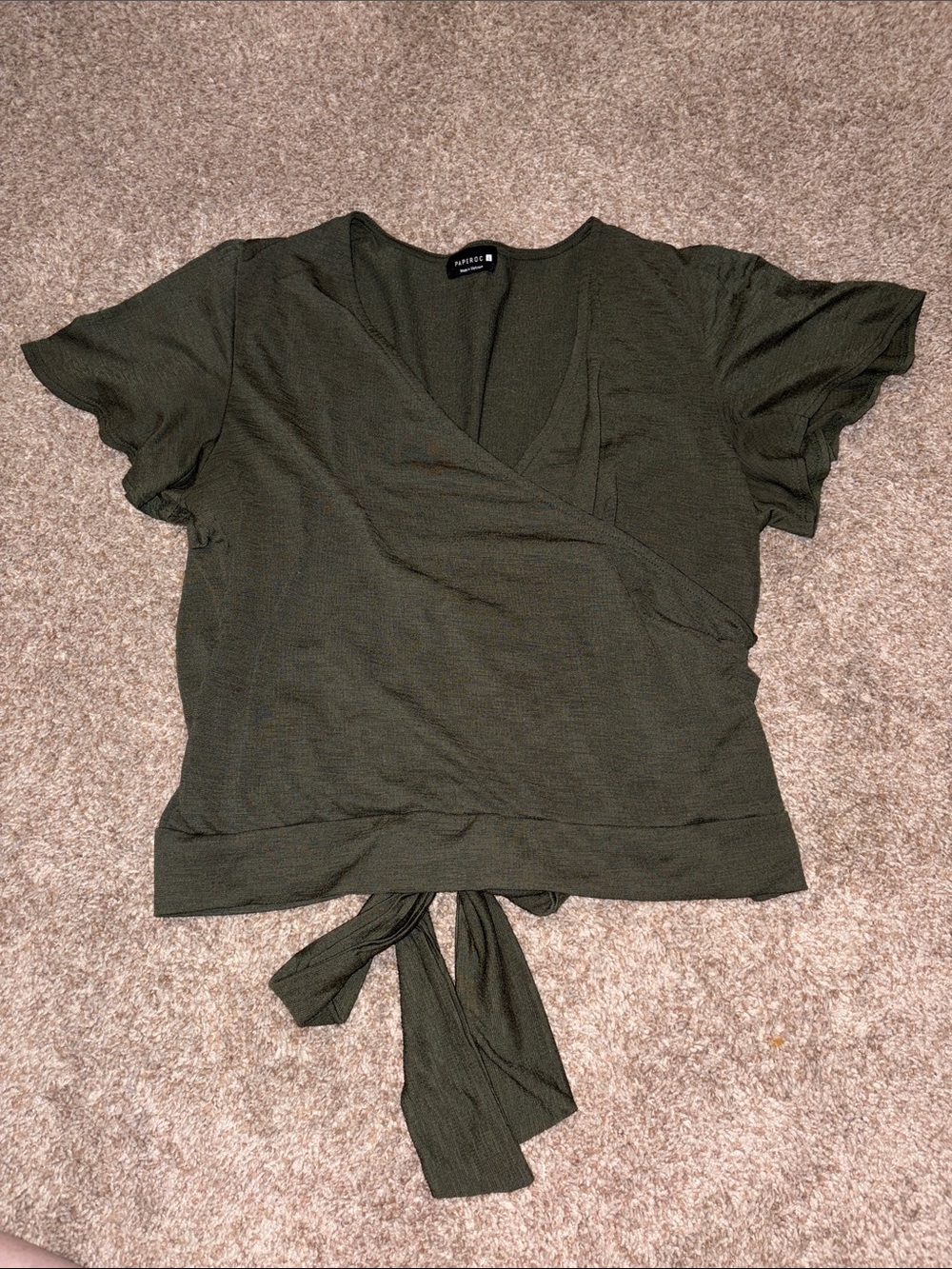 Olive Green Wrap Tie-back Short Sleeve Blouse